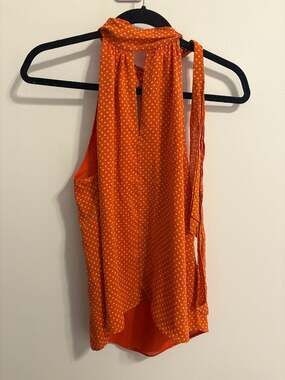 Joie Dalman Orange Polka Dot Silk Halter Neck Tie Back Blouse
